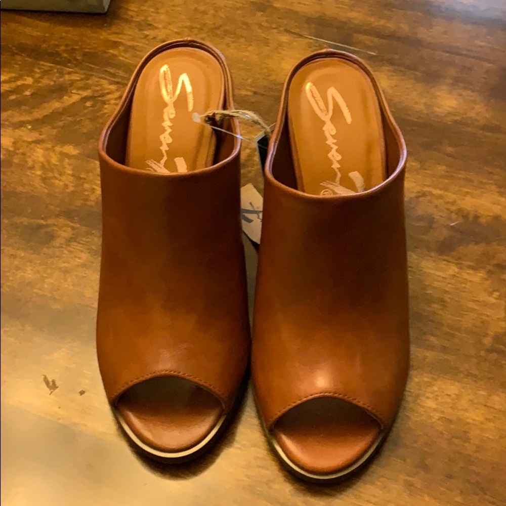 Cognac backless block heels